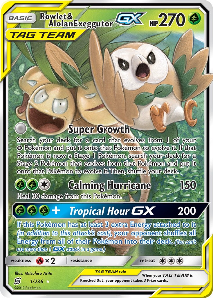 Rowlet & Alolan Exeggutor Tag Team GX Pokémon card