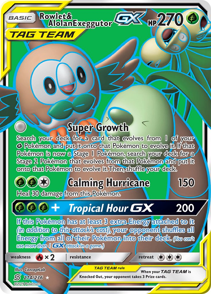 Rowlet & Alolan Exeggutor Tag Team GX Pokémon card