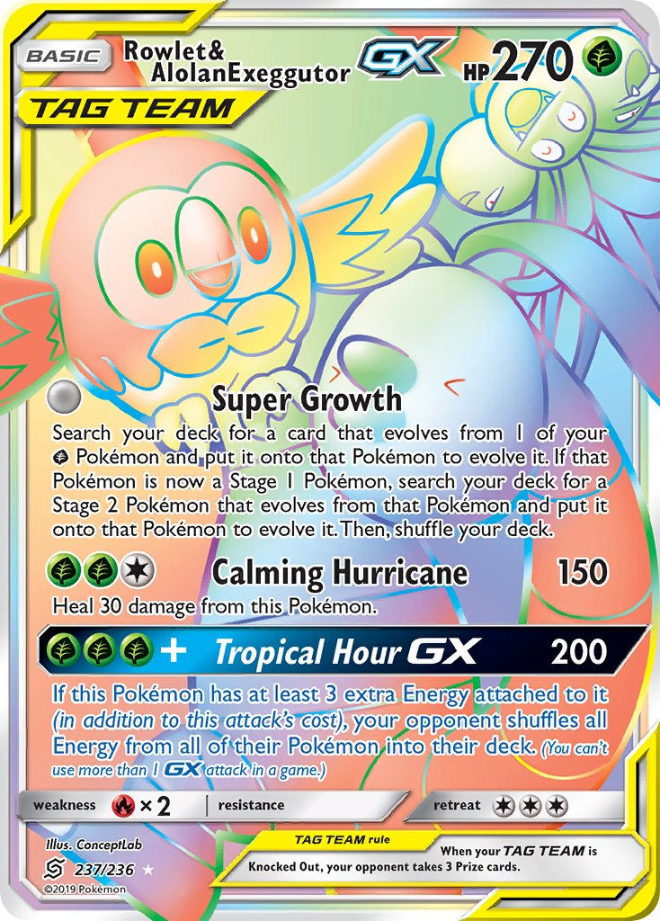 Rowlet & Alolan Exeggutor Tag Team GX Pokémon card