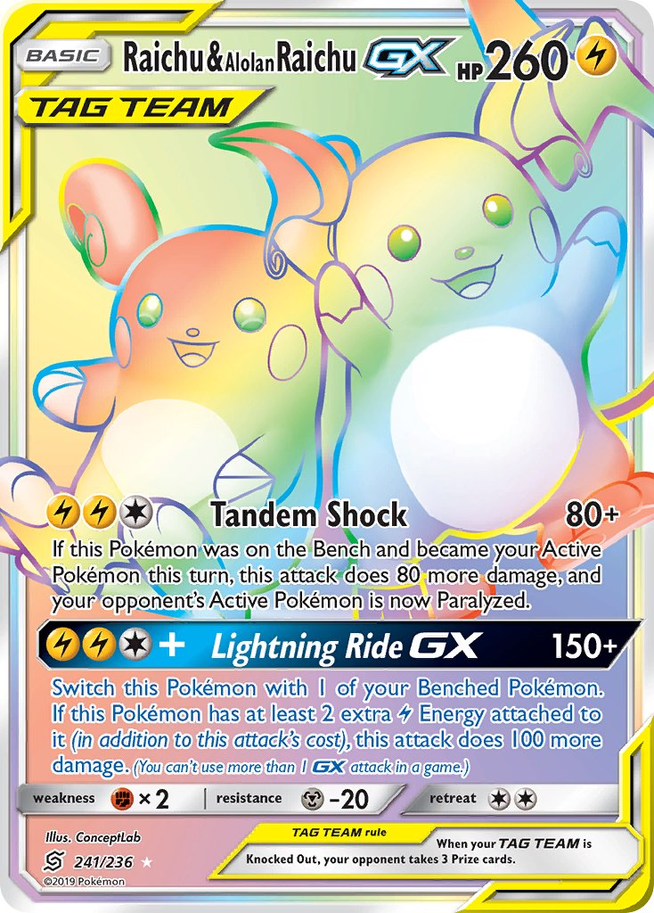 Raichu & Alolan Raichu Tag Team GX Pokémon card